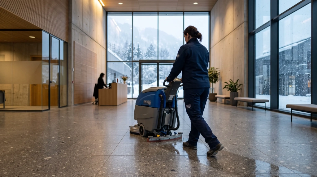 Agent passant l’autolaveuse dans l’entrée d’un bâtiment professionnel enneigé en Savoie