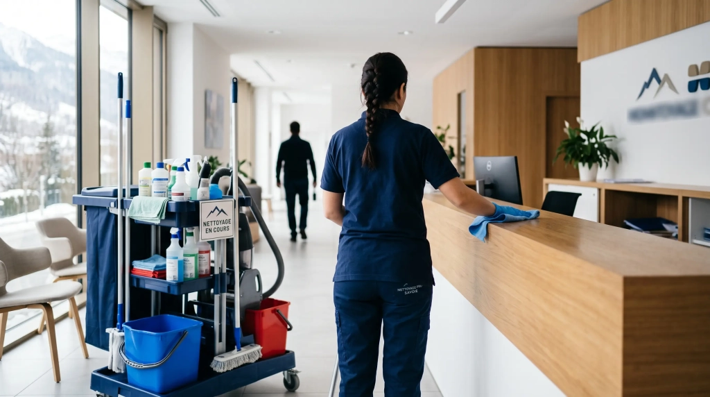 Service de ménage à Albertville nettoyant un espace d’accueil professionnel lumineux